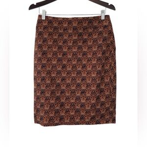 Ann Taylor damask print pencil skirt size 6 stretch knit office wear orange navy